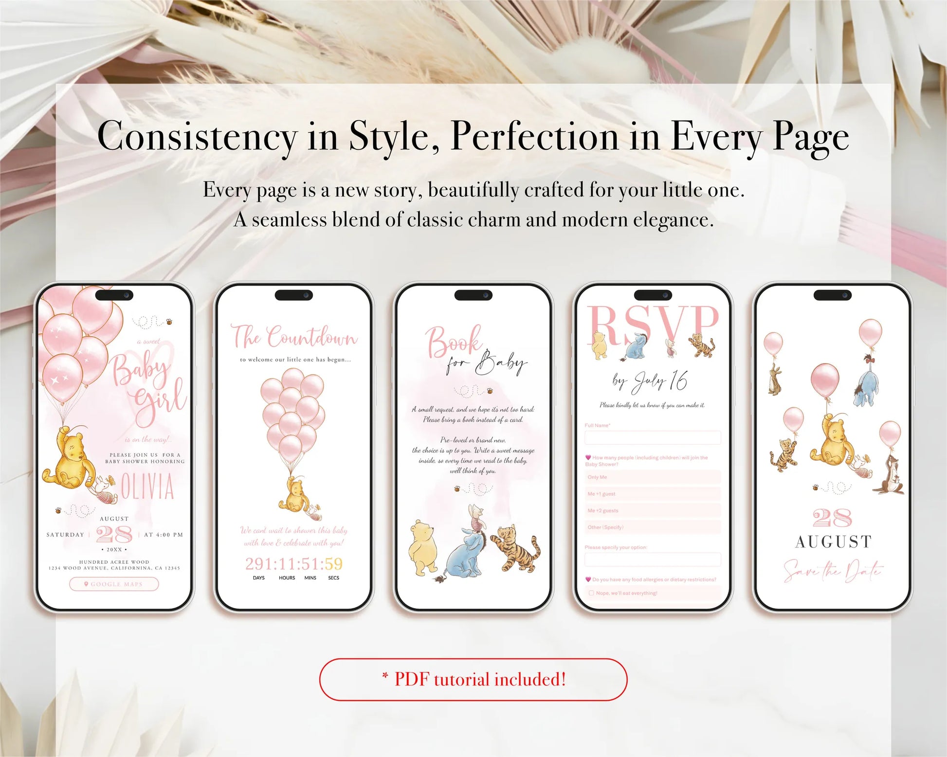 A collection of mobile screens showing consistent design for baby shower invitation and RSVP pages