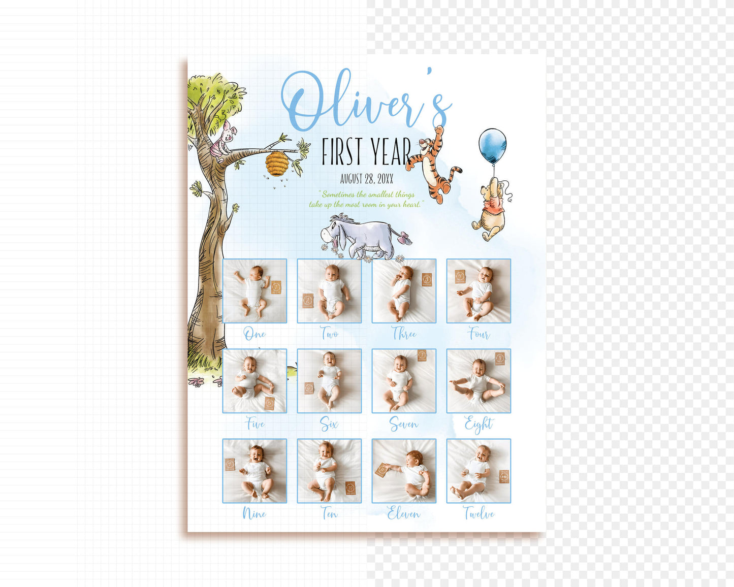 Digital Winnie the Pooh monthly baby photo collage poster template in a neutral blue