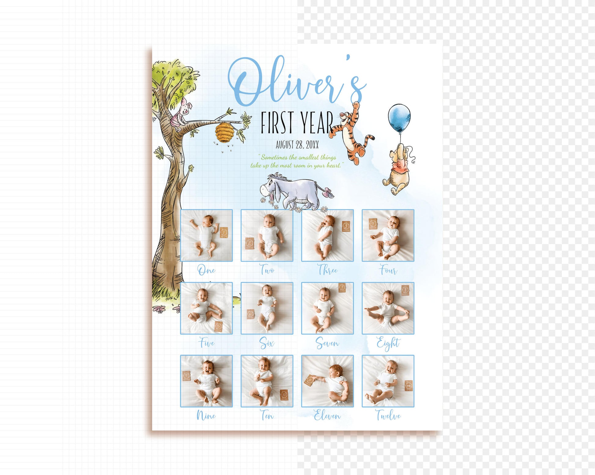 Digital Winnie the Pooh monthly baby photo collage poster template in a neutral blue