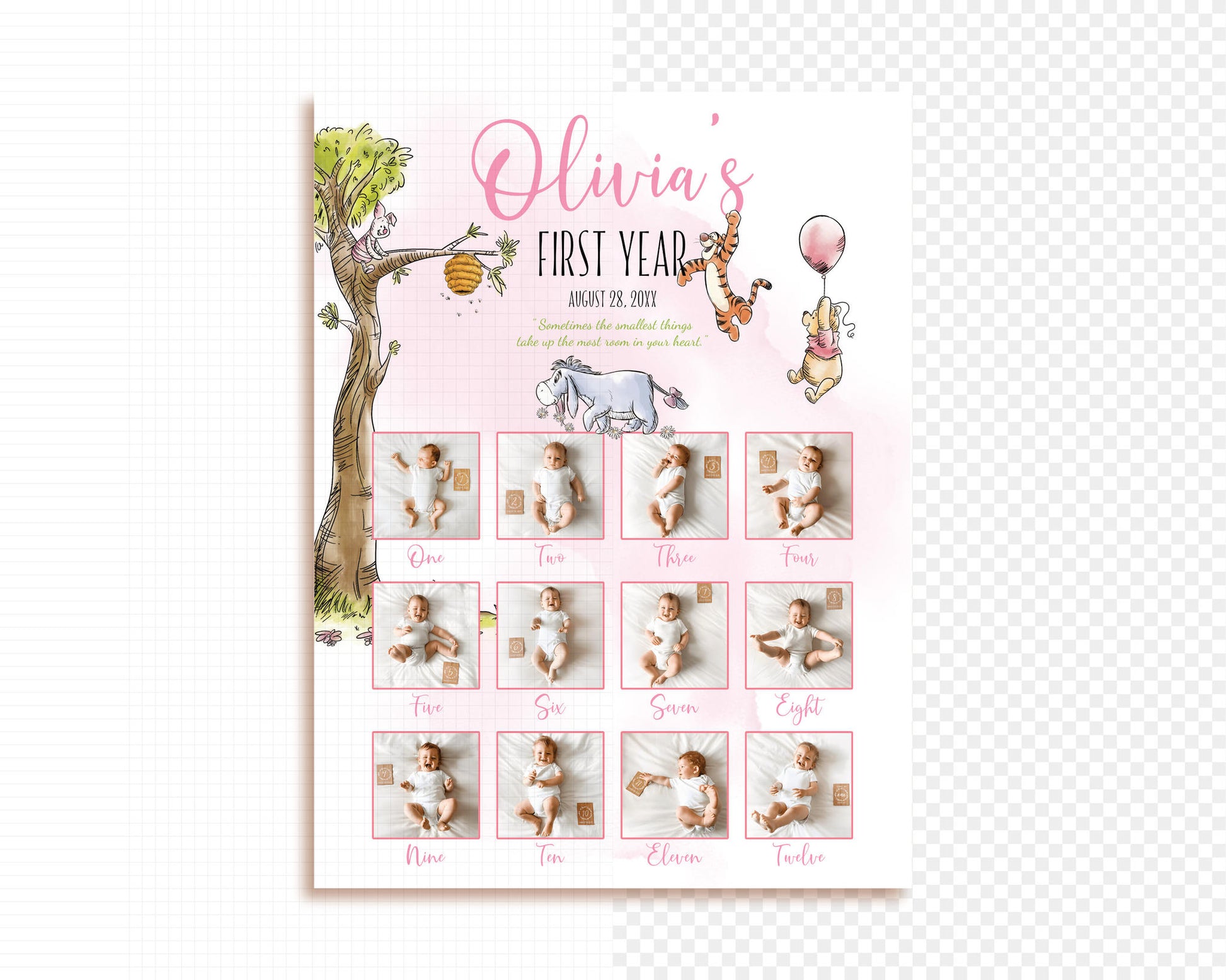 Digital Winnie the Pooh monthly baby photo collage poster template