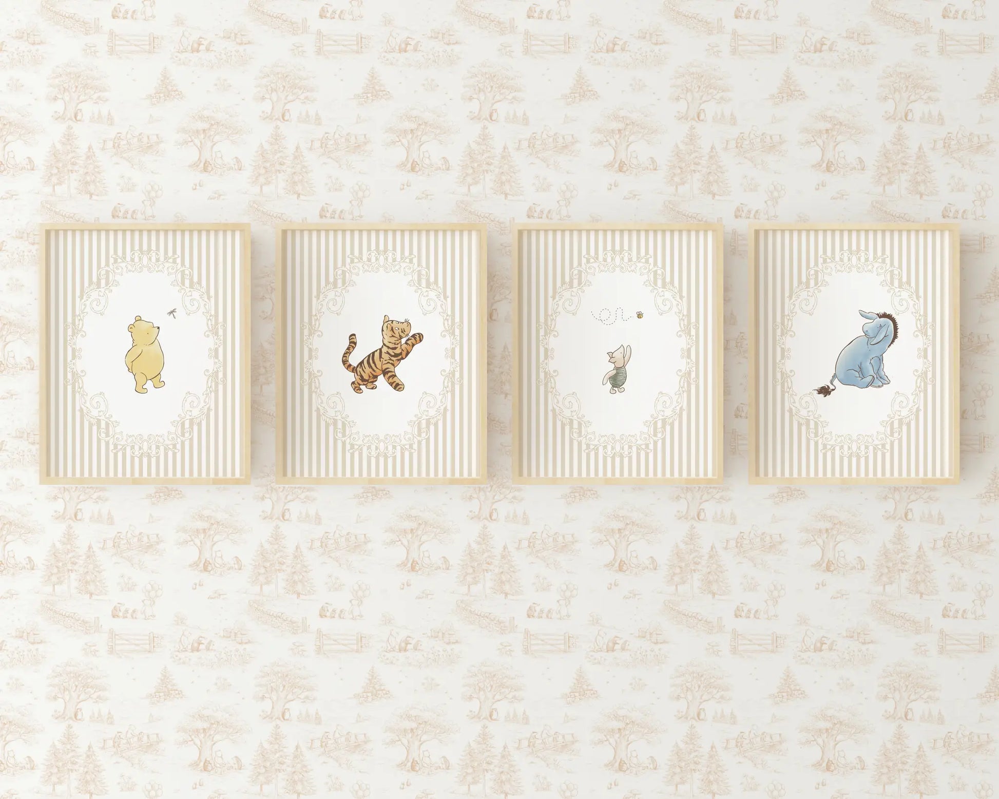 Horizontal arrangement of four Winnie the Pooh characters on blue and beige striped backgrounds