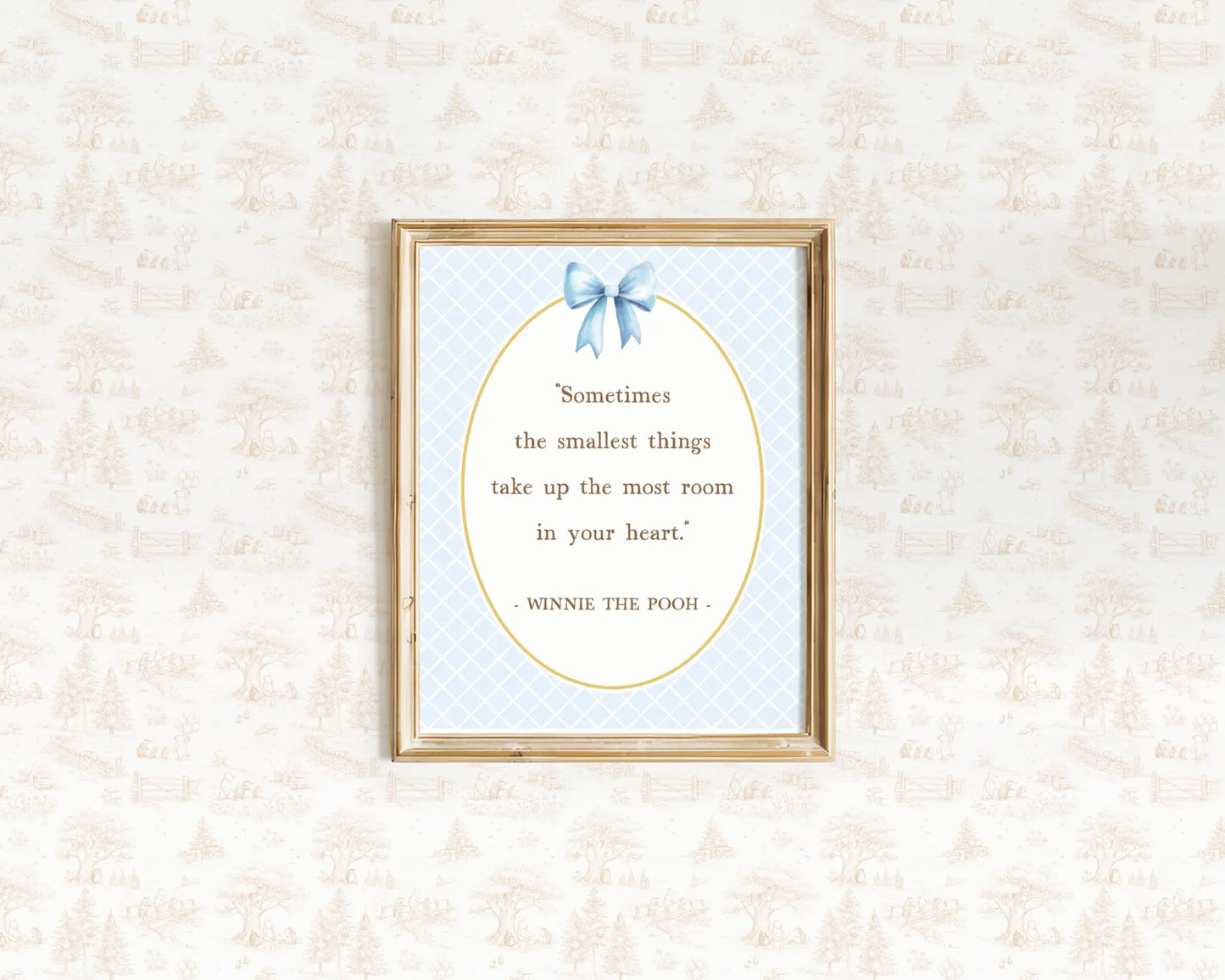 Nursery quote print with a delicate blue bow for a classic boy baby room theme