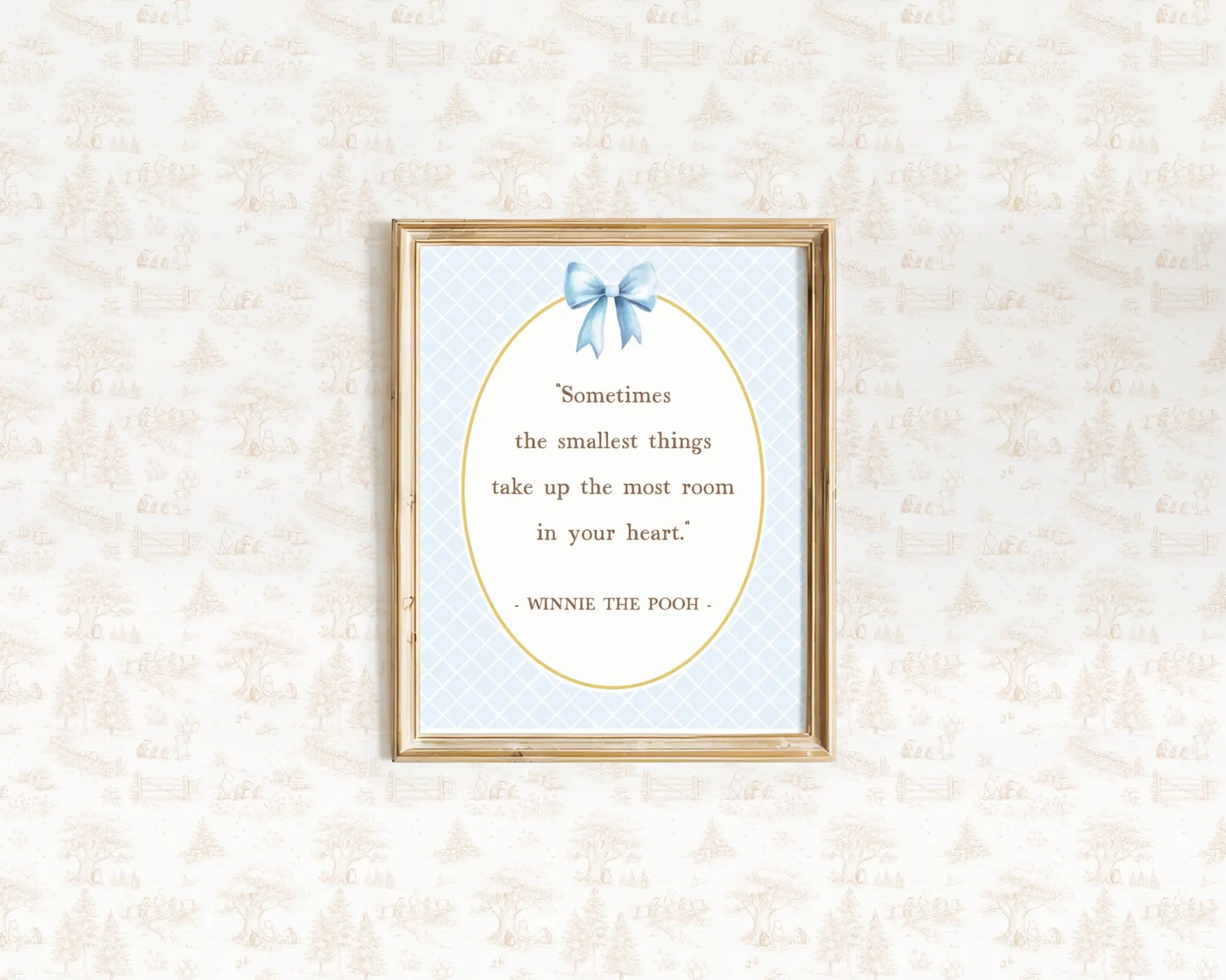 Nursery quote print with a delicate blue bow for a classic boy baby room theme