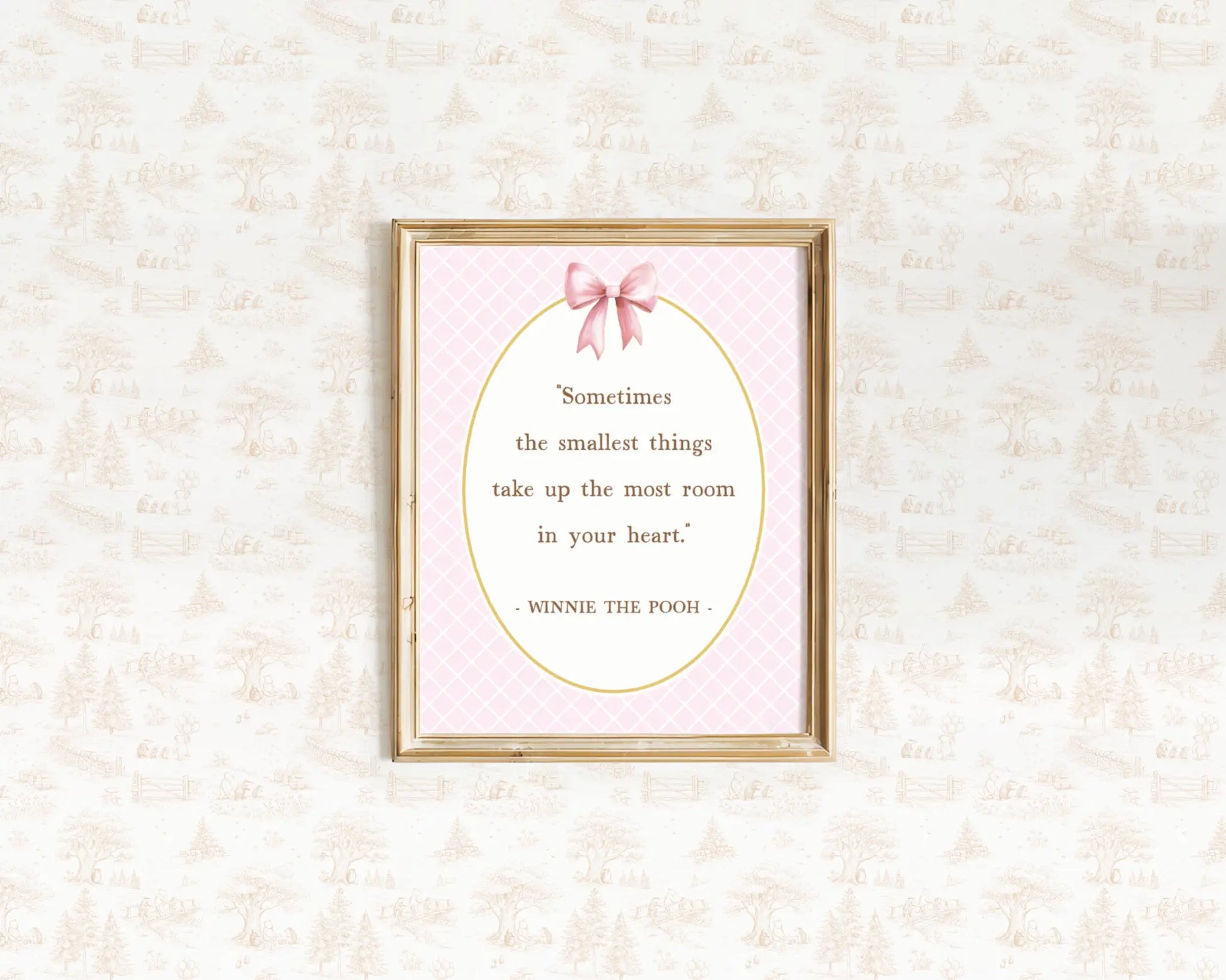 Nursery quote print with a delicate pink bow for a classic girl baby room theme