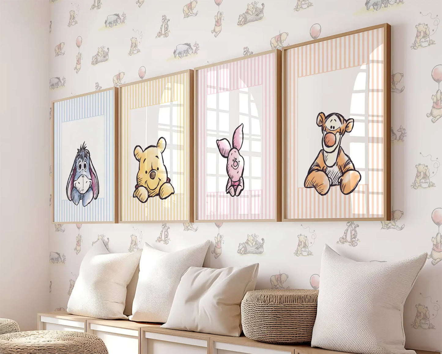 Complete set of 4 Winnie the Pooh characters watercolor wall art in a nursery setting