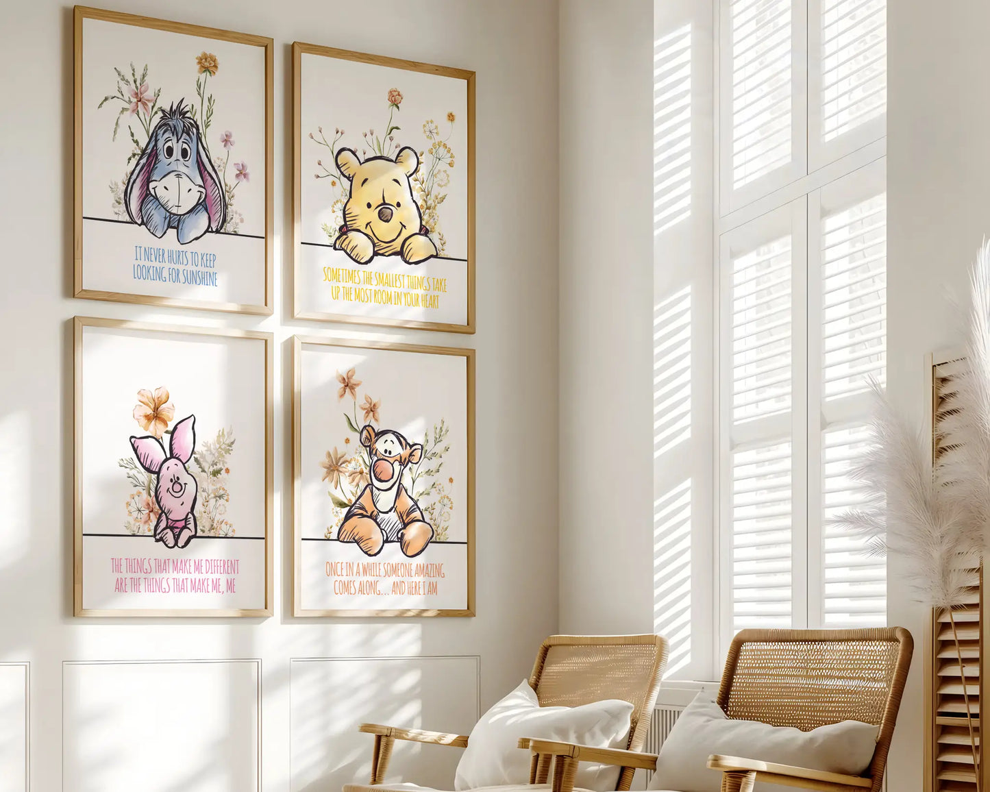 Cozy Winnie the Pooh nursery gallery wall prints crafted to elevate any baby room with meaningful character quotes.
