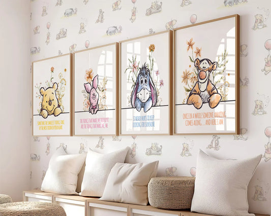 Inspirational Winnie the Pooh nursery wall art set designed to create a warm, uplifting atmosphere in baby rooms.