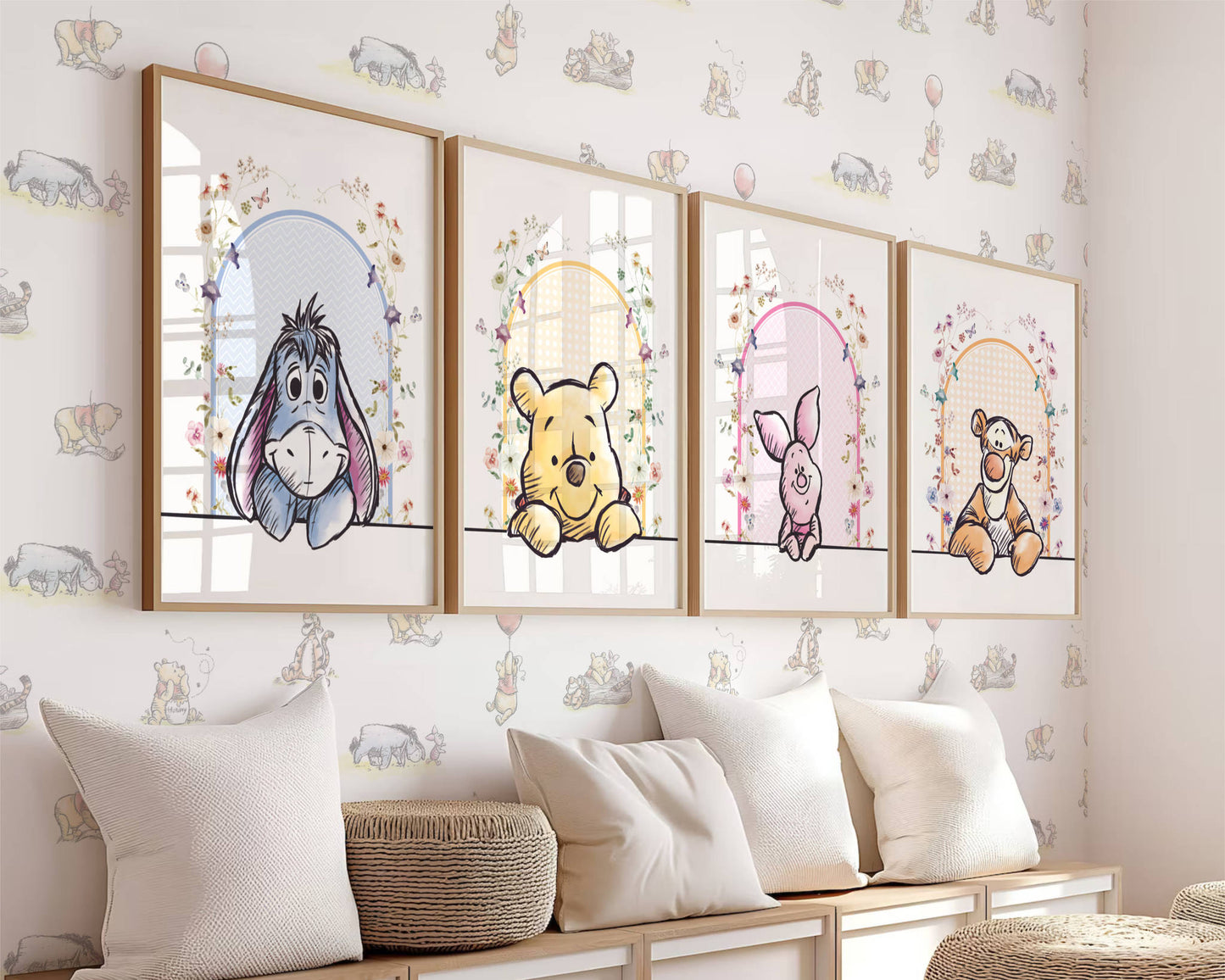 Premium framed Winnie the Pooh nursery wall decor offering a coordinated, uplifting look for modern baby rooms.