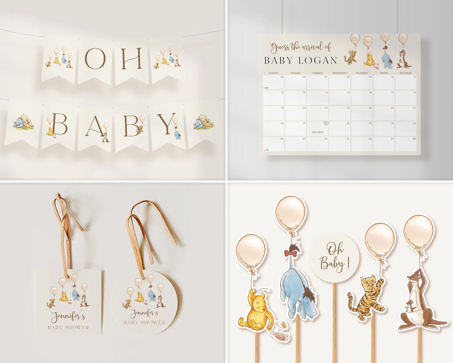 Winnie the Pooh baby shower “OH BABY” banner and baby countdown calendar editable with Canva