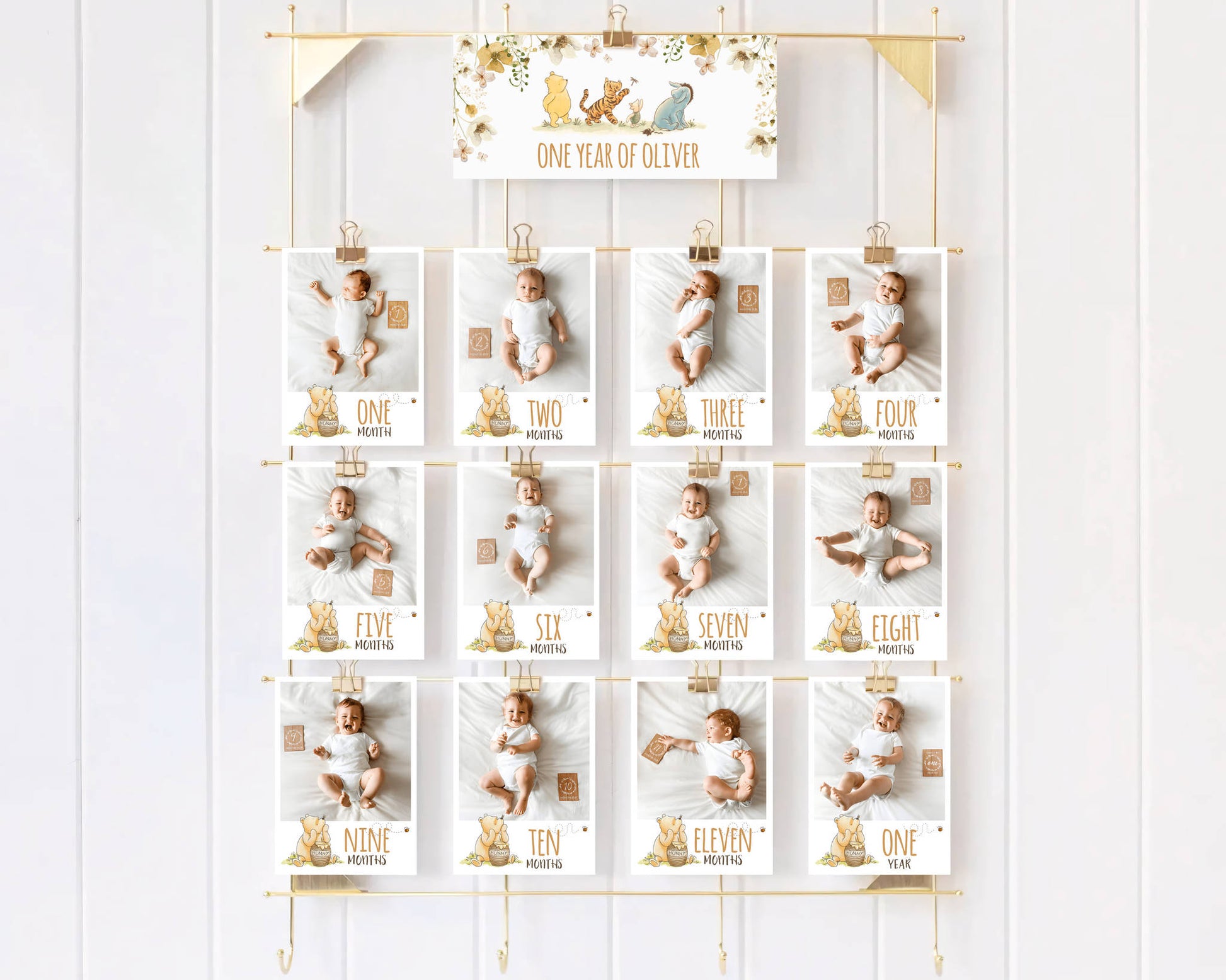 Winnie the Pooh one-year photo banner that transforms your baby’s milestone display into a beautiful party centerpiece.