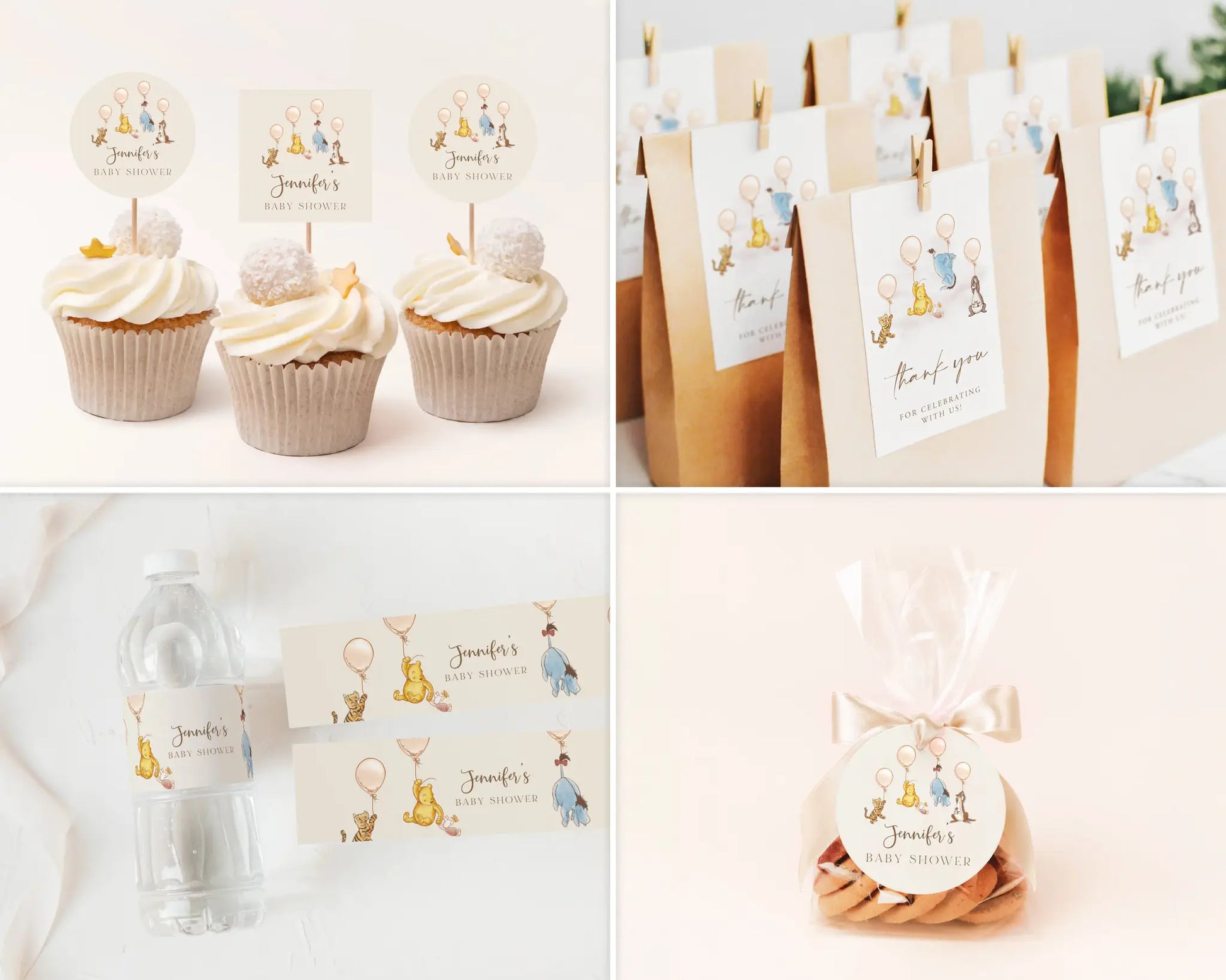 Winnie the Pooh baby shower cupcake toppers, gift tags, and party decorations featuring Pooh and friends
