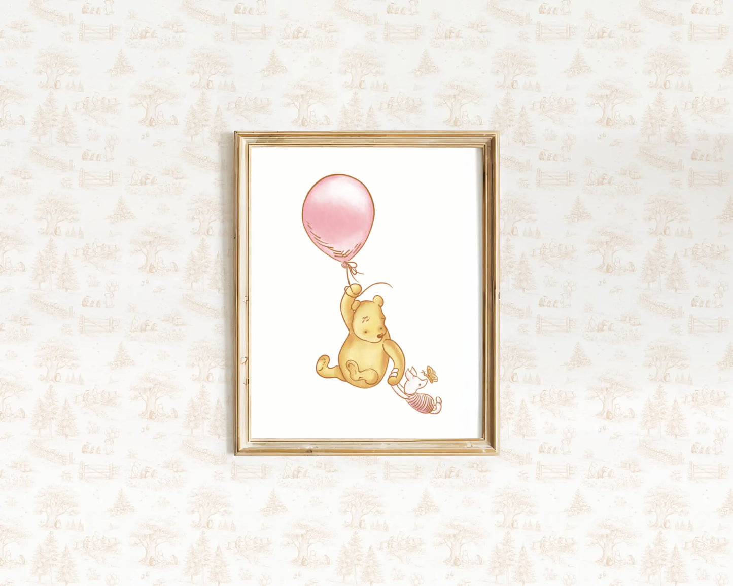 Sweet Winnie the Pooh floating with a pink balloon watercolor nursery wall decor