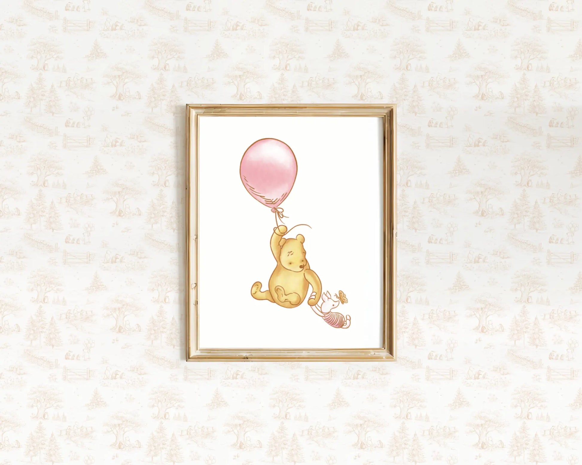 Sweet Winnie the Pooh floating with a pink balloon watercolor nursery wall decor