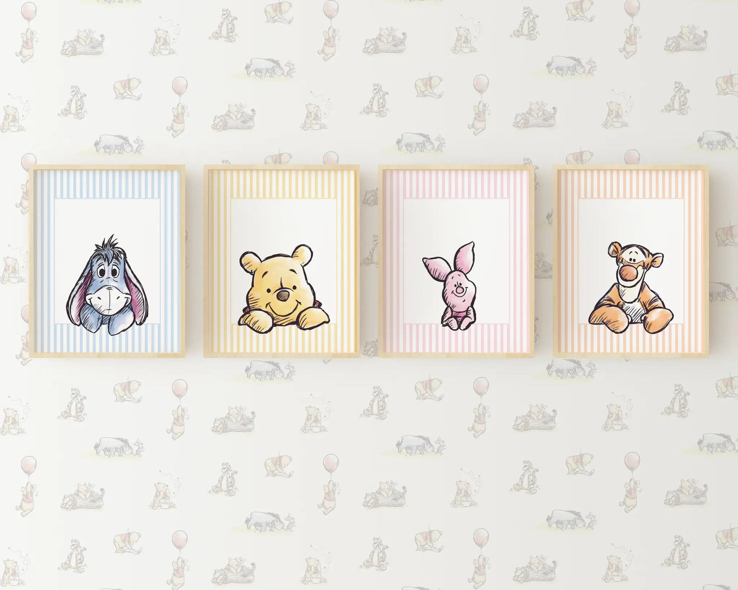 Horizontal display of 4 Winnie the Pooh characters on striped backgrounds for wall decor