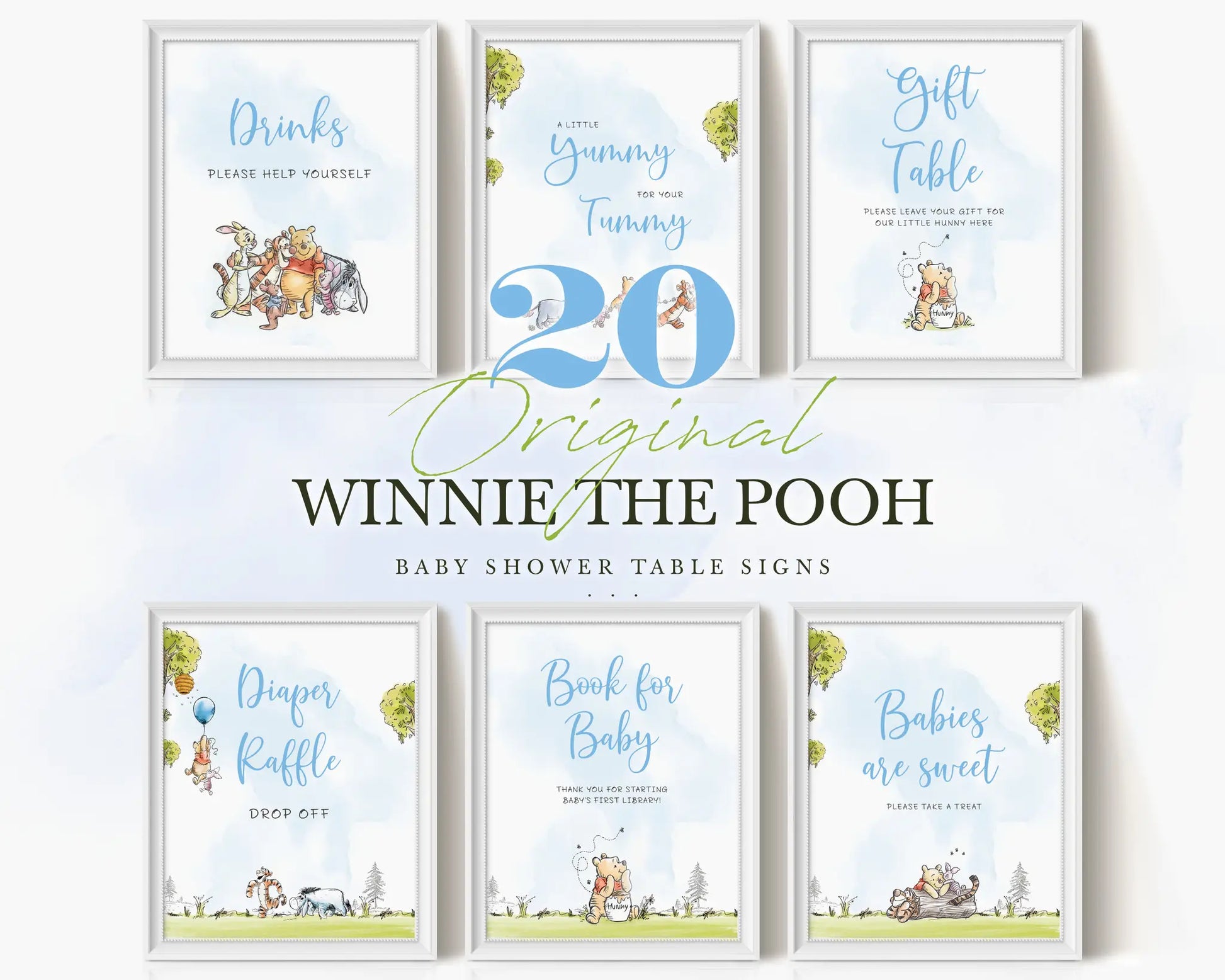 Set of Winnie the Pooh baby shower table signs in blue theme, includes drinks, gift table and more printable signage.