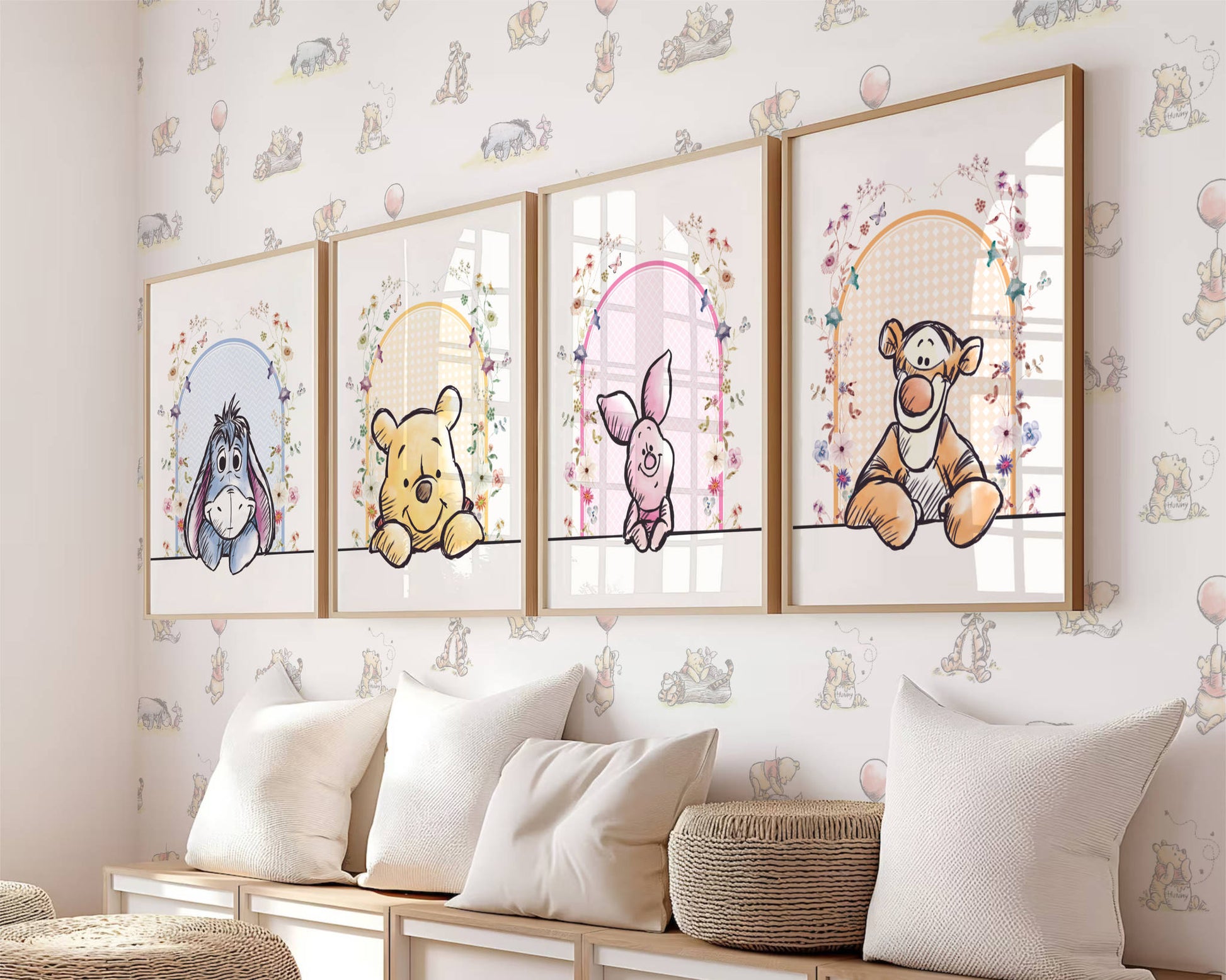 Charming Winnie the Pooh wall art set designed to brighten nurseries with warm, storybook-style character prints.