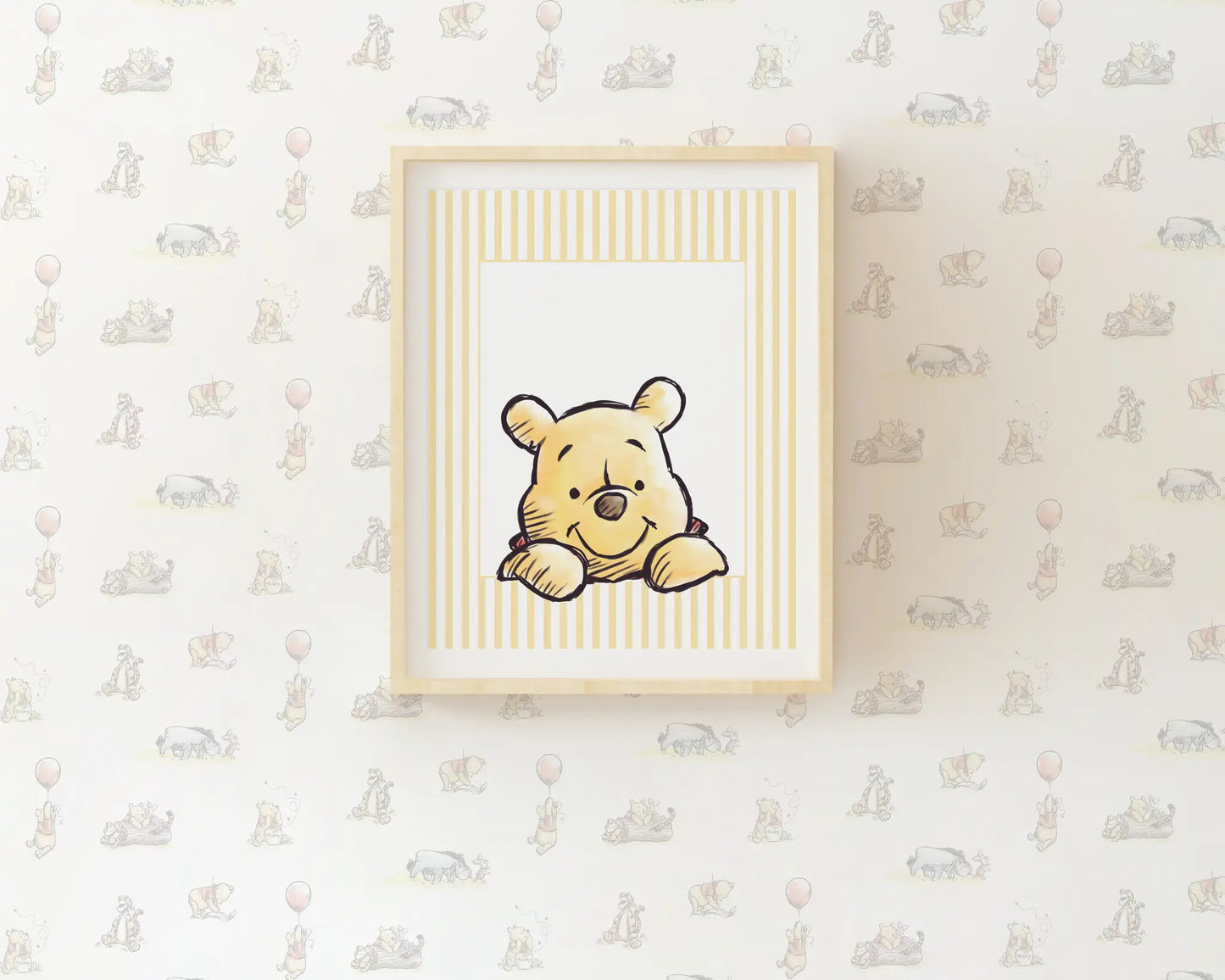 Watercolor Winnie the Pooh illustration on yellow striped background nursery print