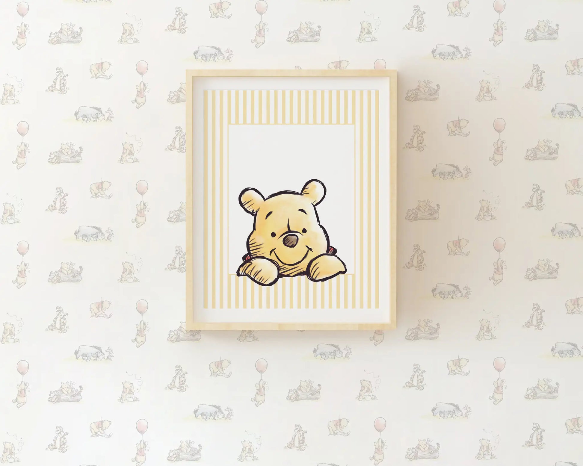 Watercolor Winnie the Pooh illustration on yellow striped background nursery print