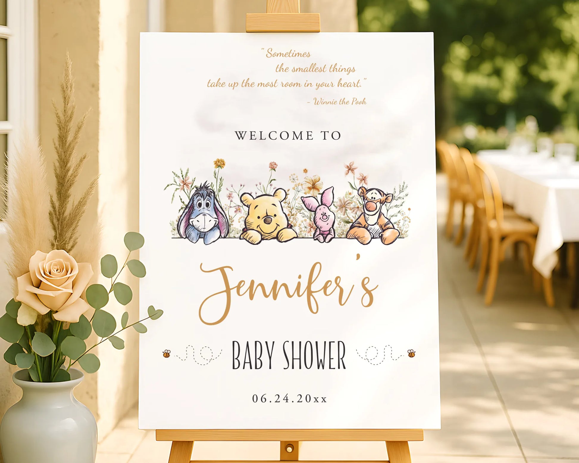 Winnie the Pooh welcome poster featuring a neutral watercolor design and quote for baby shower