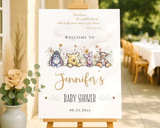 Winnie the Pooh welcome poster featuring a neutral watercolor design and quote for baby shower