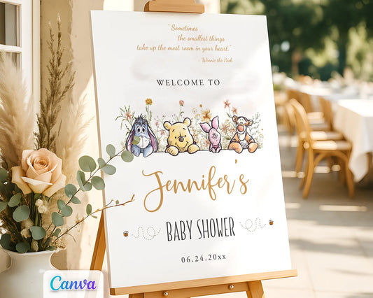 Winnie the Pooh baby shower welcome sign with characters Eeyore, Pooh, Piglet, and Tigger on a wooden easel