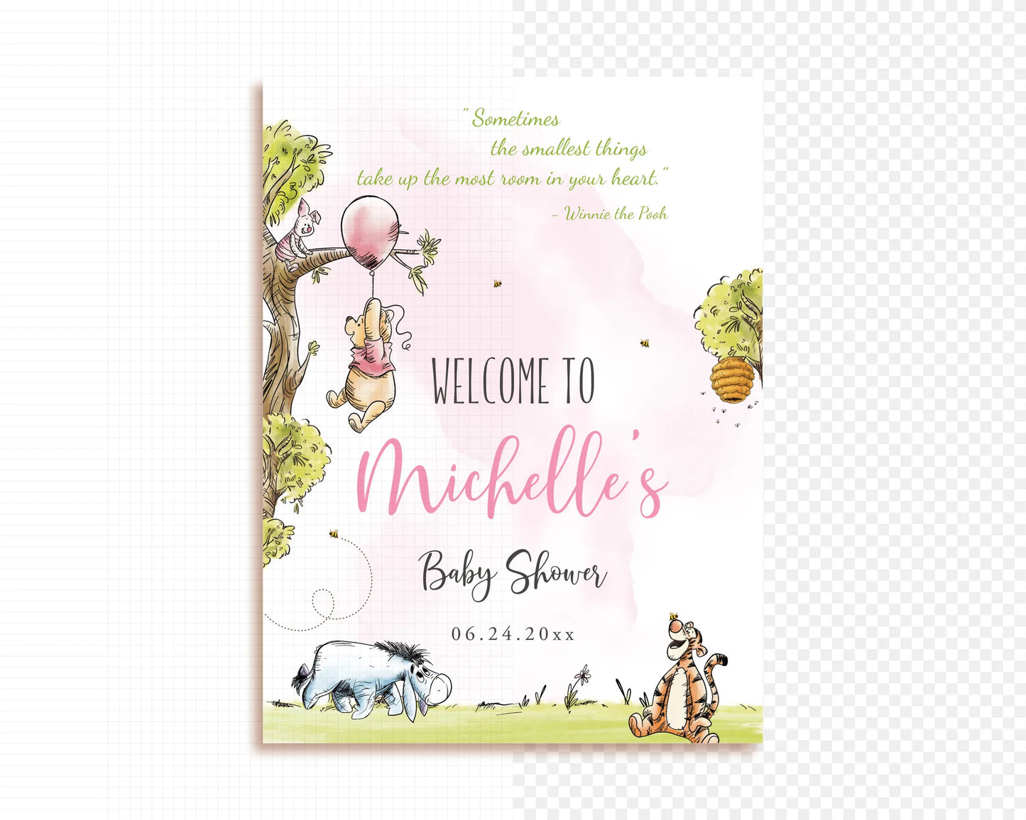 Digital Winnie the Pooh baby shower welcome sign template for girls on a transparent background