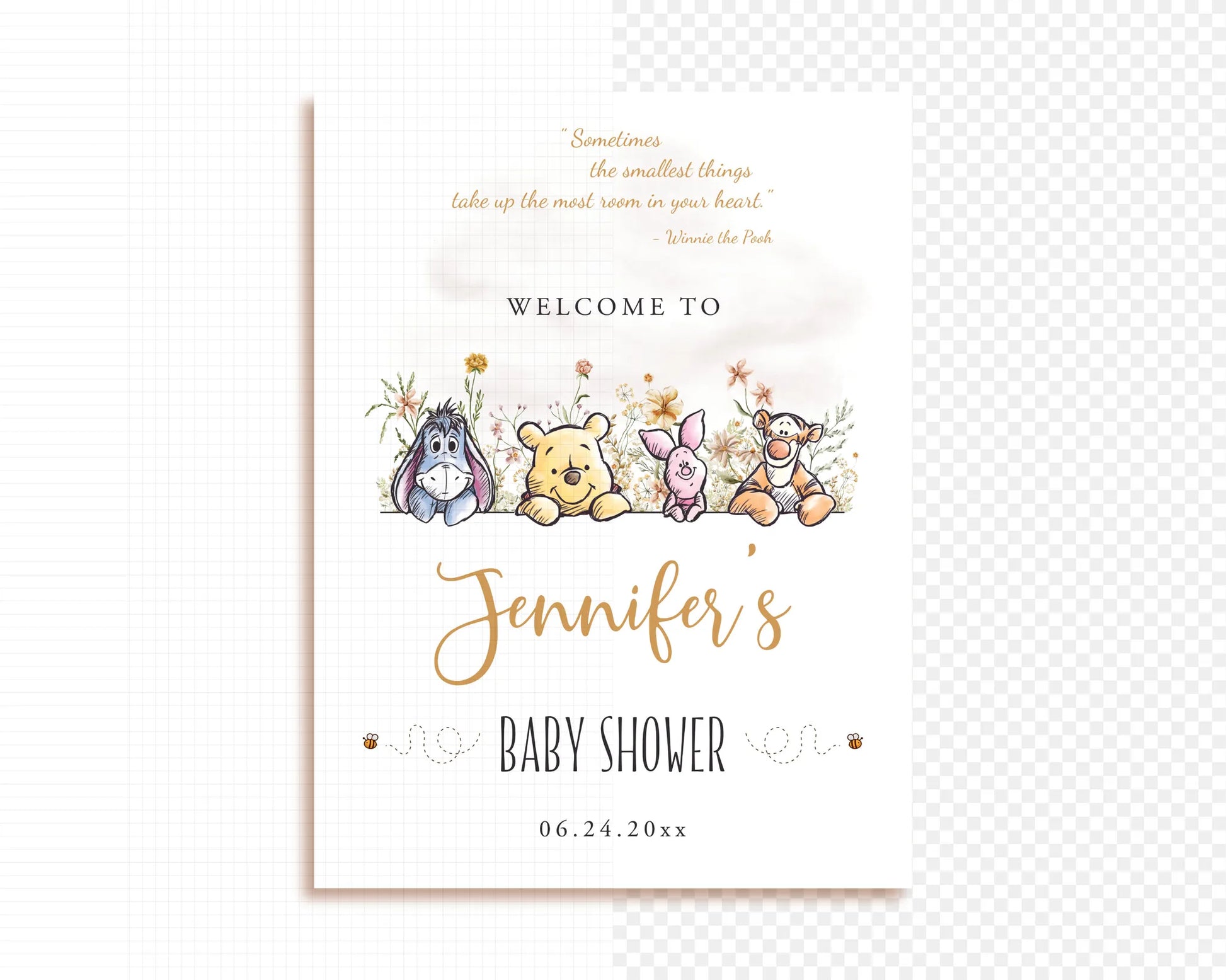 Digital Winnie the Pooh baby shower welcome sign template featuring classic characters on a white background