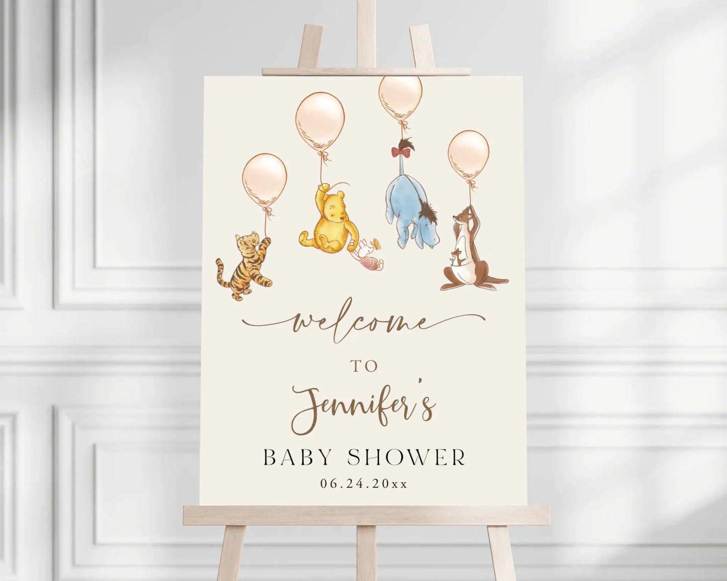 Winnie the Pooh baby shower welcome sign with Pooh, Tigger, and Eeyore holding balloons on minimalist easel.