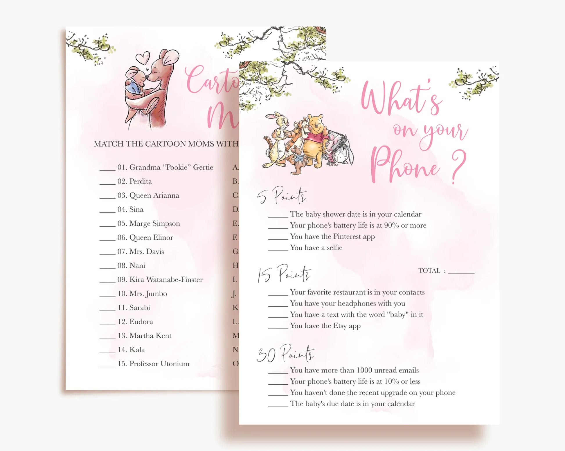 What's on Your Phone baby shower game template featuring Winnie the Pooh and friends