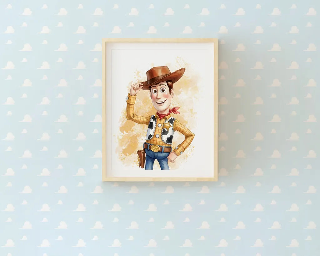 Print of Sheriff Woody on a subtle blue cloud wallpaper